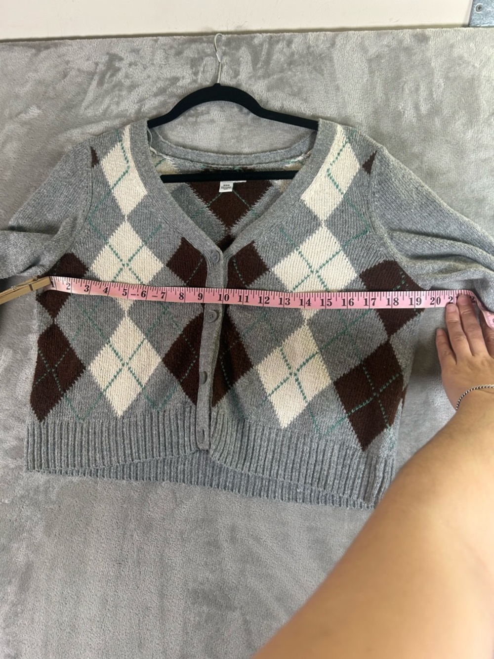 American Eagle Outfitters Cropped Argyle Button-Front Sweater - Gray/Brown/Cream - Picture 7 of 9